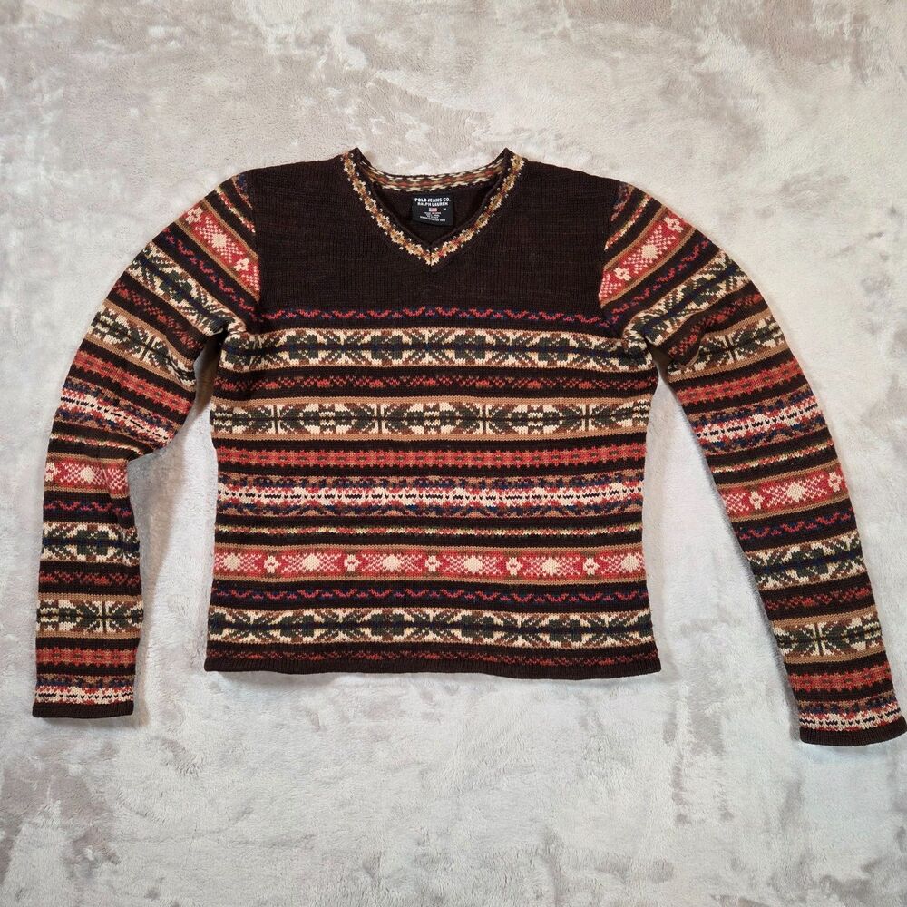 Vintage Polo Jeans Ralph Lauren Women M Wool Fair Isle Sweater Y2K Lodgecore